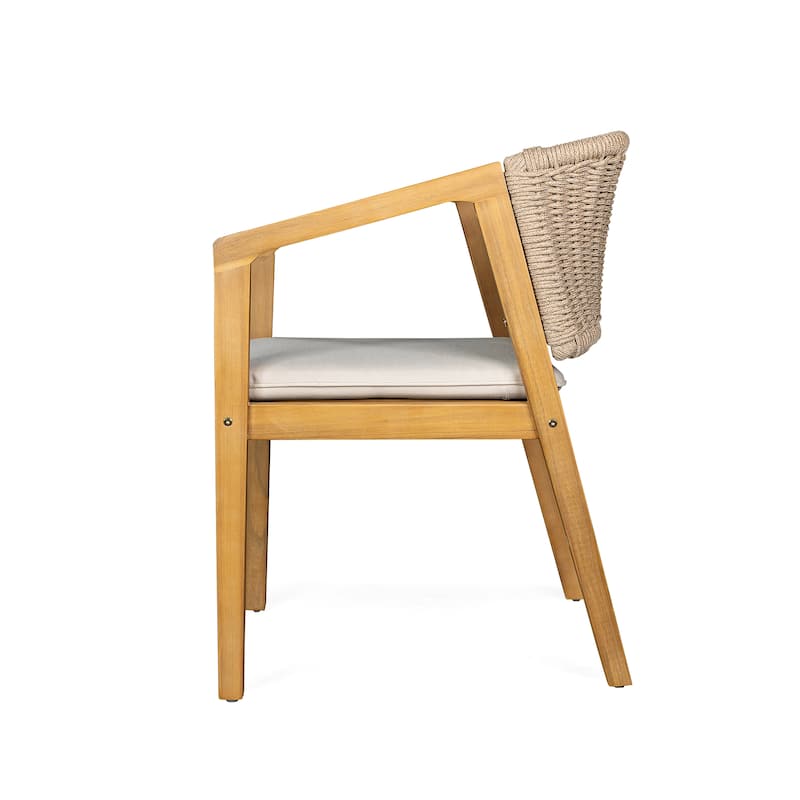 Roomfitters Outdoor Dining Chairs Set of 2, Woven Rope Back with Wood Frame and Cushions, Patio Seating in Natural Beige