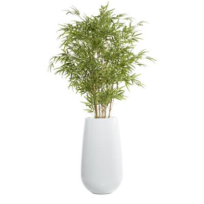 Faux Foliage Bamboo Artificial Tree with Realistic Leaves and White Fiberglass Pot - Green - Roche River Decor