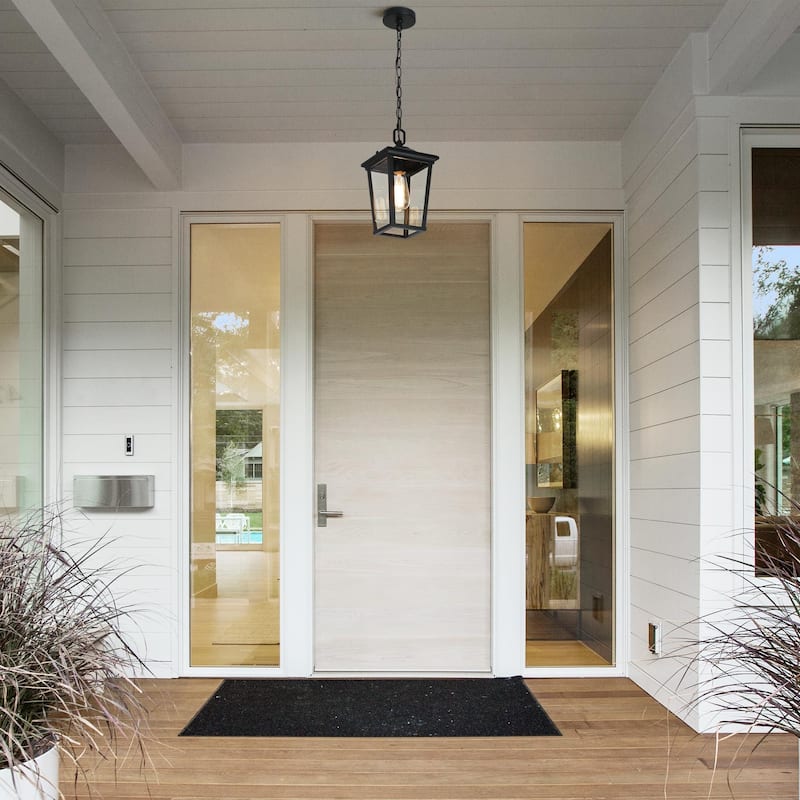 Modern Farmhouse Black 1-Light Outdoor Pendant Light Patio Lantern - L 6.7" x W 6.7" x H 12.6"