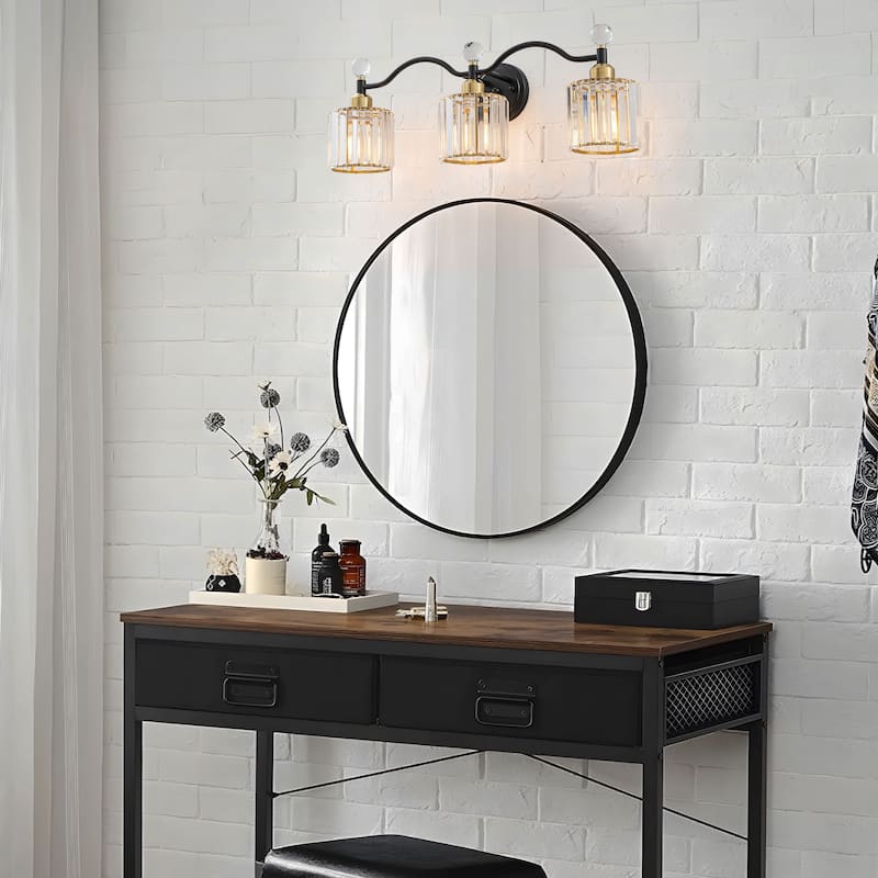 Starsky 3-Light Modern Crystal Bathroom Vanity Fixture with Ribbed Glass Shades and Sparkling Crystal Ball Accents