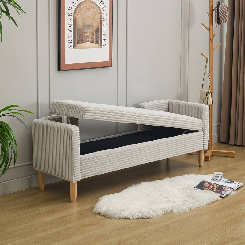 Corduroy Upholstered Storage Bench, Window Bench with Armrests, Backrest & 2 Pillows, Entryway Bench with Solid Wood Legs