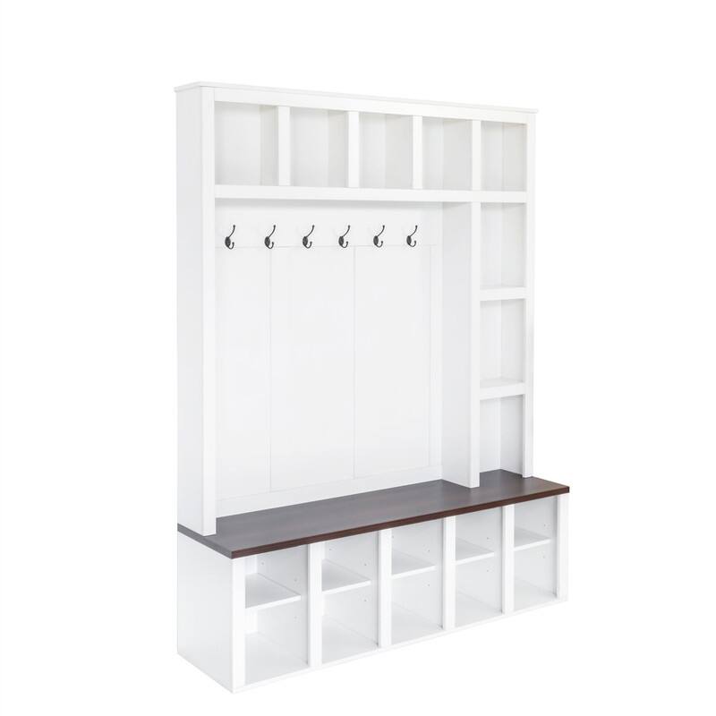 Farmhouse 4-in-1 Hall Tree with Shoe Cabinet, Entryway Storage Bench with 13 Cubbies, Coat Rack w/ Adjustable Shelves & 6 Hooks