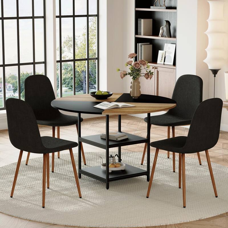 5-Piece Round Dining Table with Double Layer Storage, Wood and Black Fan Panels, Ergonomic Fabric Chairs, Anti-Slip Feet