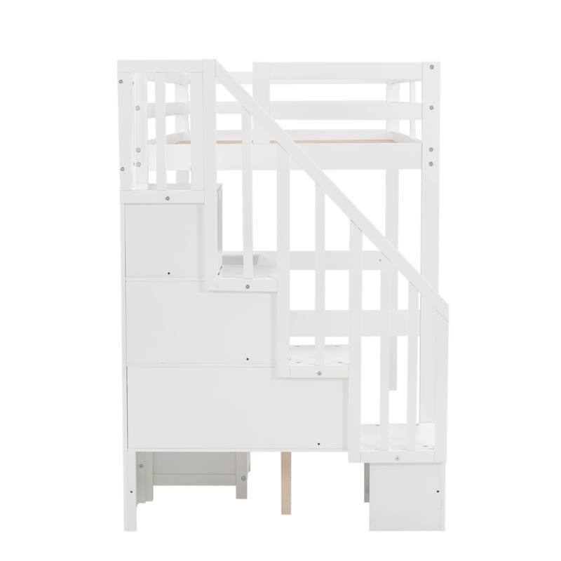 Twin Loft Bed with Built-in Desk and Double Drawers, White