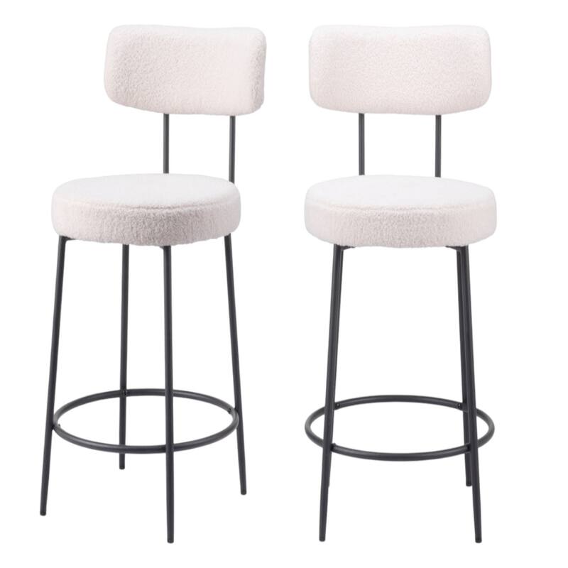 25-Inch Seat Ivory Shearling Upholstered Counter Stools Set of 2 with Low Back and Black Steel Frame - 36.4”H x 18.5”W x 22”D