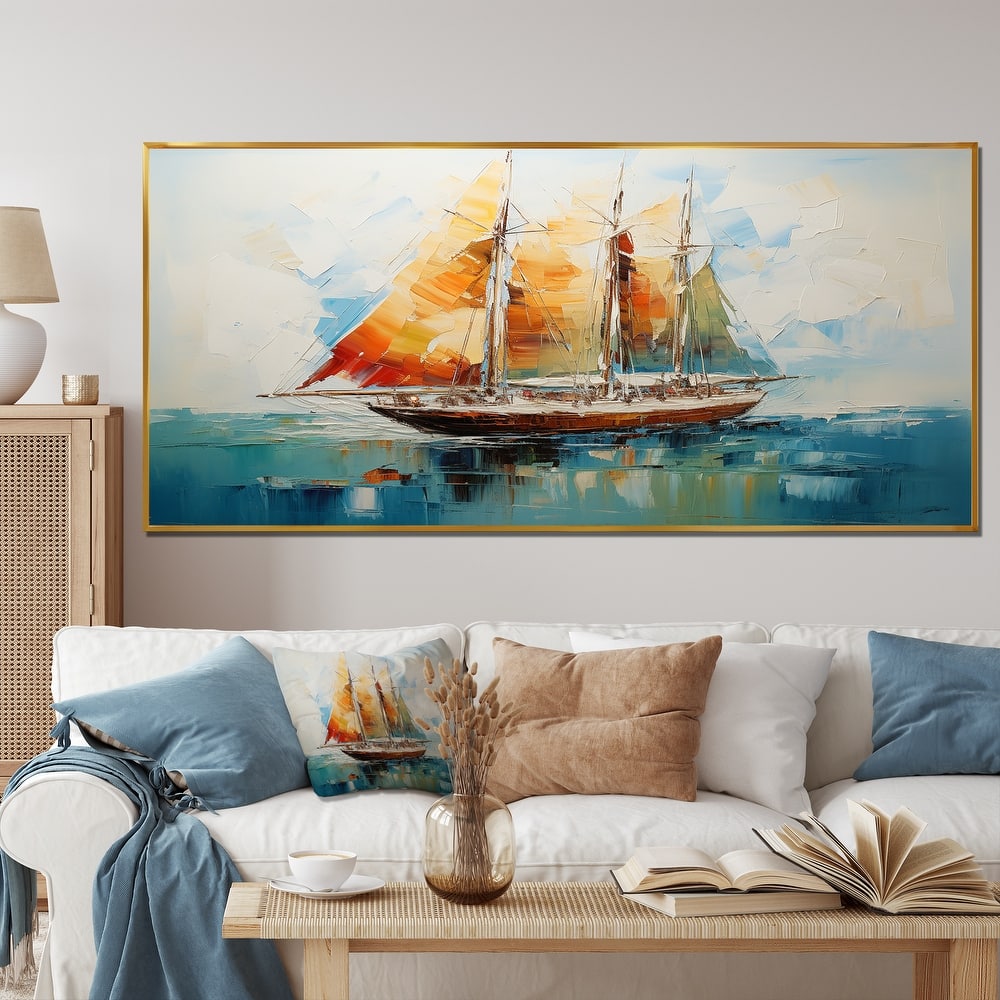 Designart "Moonlight Saiboat Horizon I" Boat Sailing Orange Wall Decor - Modern Entryway Framed Wall Art