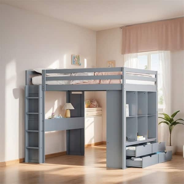 slide 2 of 21, Full Size Loft Bed with Large Shelves,Writing Desk and LED Light