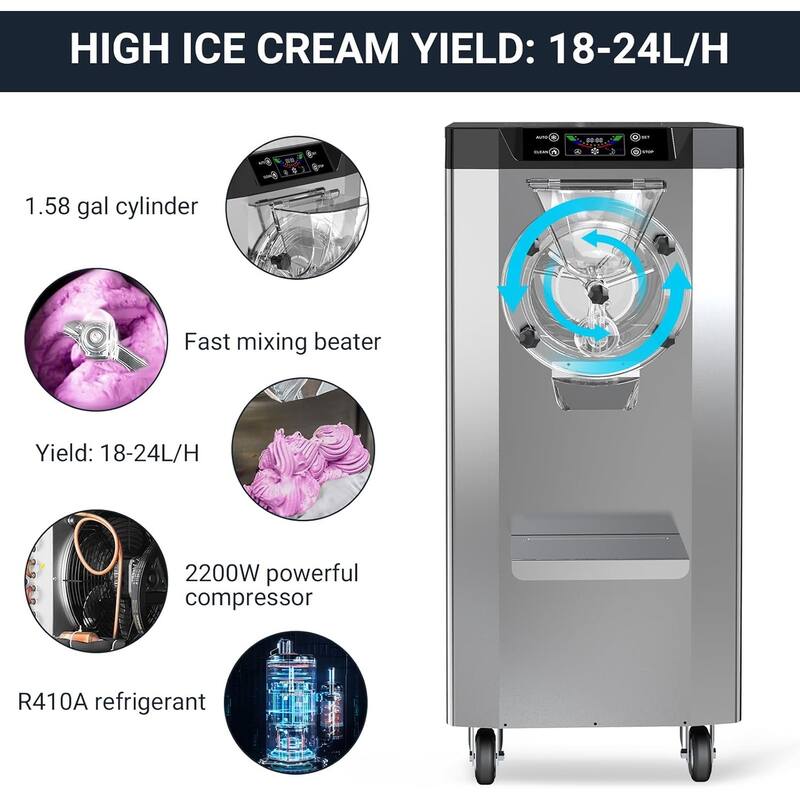 2000W Commercial Ice Cream Maker with LCD, Auto Clean & Pre-Cooling, 4.8–6.3 Gal/H