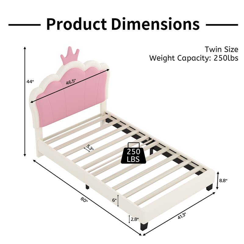 Twin Size Upholstered Platform Bed with Crown Headboard and Footboard in Cream and Pink