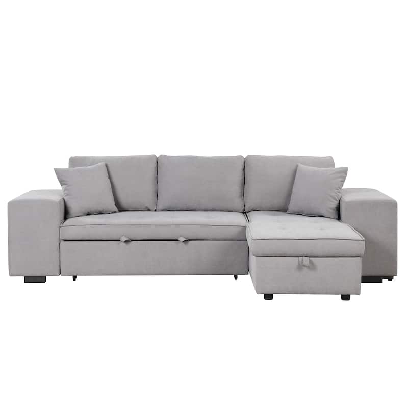 104" Modern L-Shape 3 Seat Reversible Sectional Couch, Pull Out Sleeper Sofa with Storage Chaise and 2 Stools for Living Room Fu