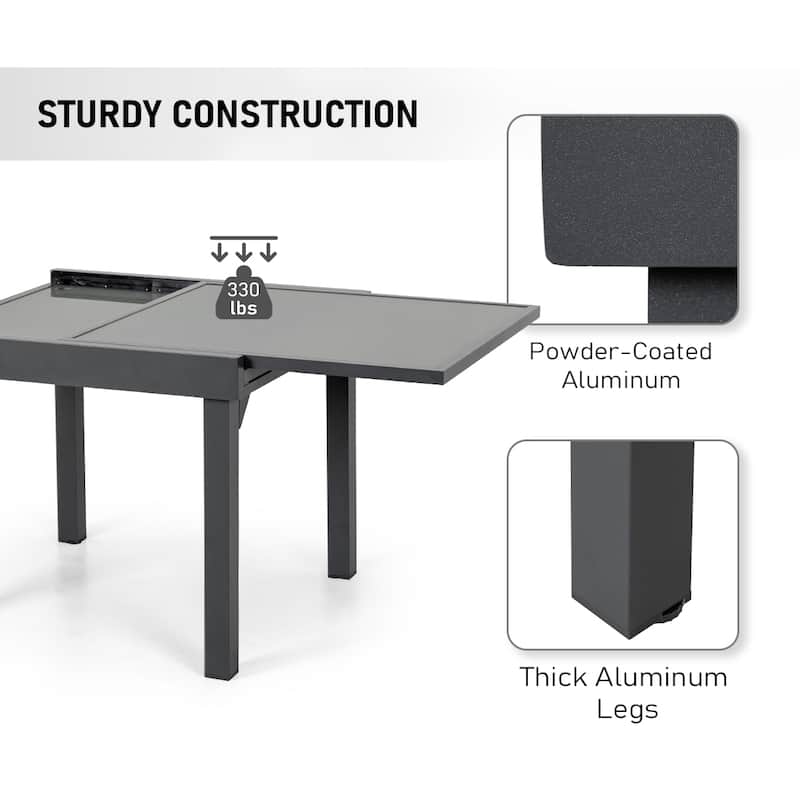 VredHom Outdoor Tempered Glass Top Aluminum Extendable Dining Table - 35.4 in W x 35.4-70.9 in L x 29.5 in H