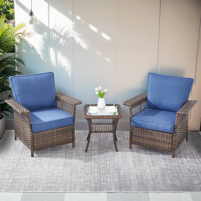 Pocassy Outdoor Swivel Chairs with Sofa Chair Ottoman and Table Set - Brown Wicker Blue Cushion - 3-Piece Patio Chair with Side Table