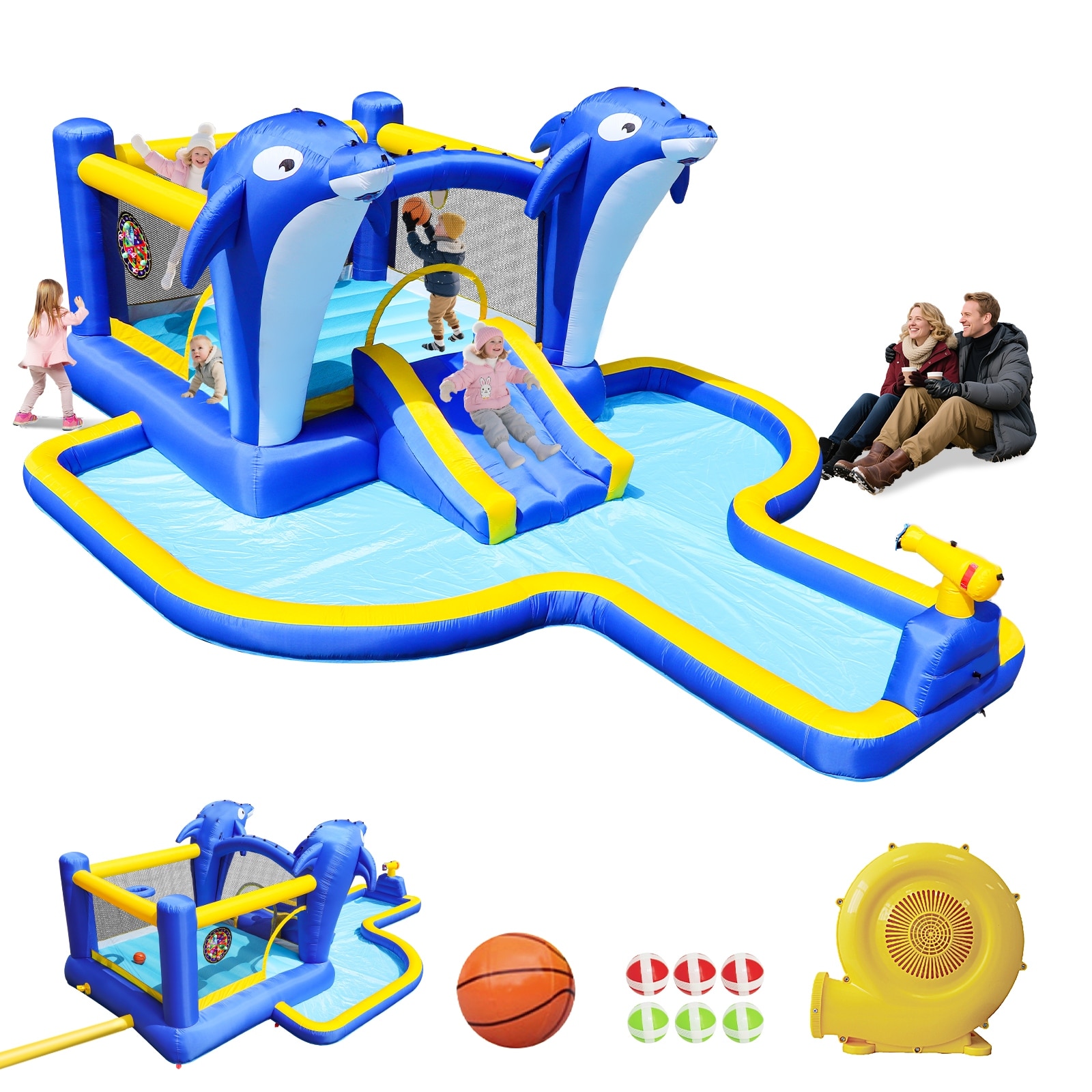 8 In 1 Inflatable Slide Water Park Trampoline Bouncing House With Dolphin Sprinkler & Target Games & Water Gun & Basketball