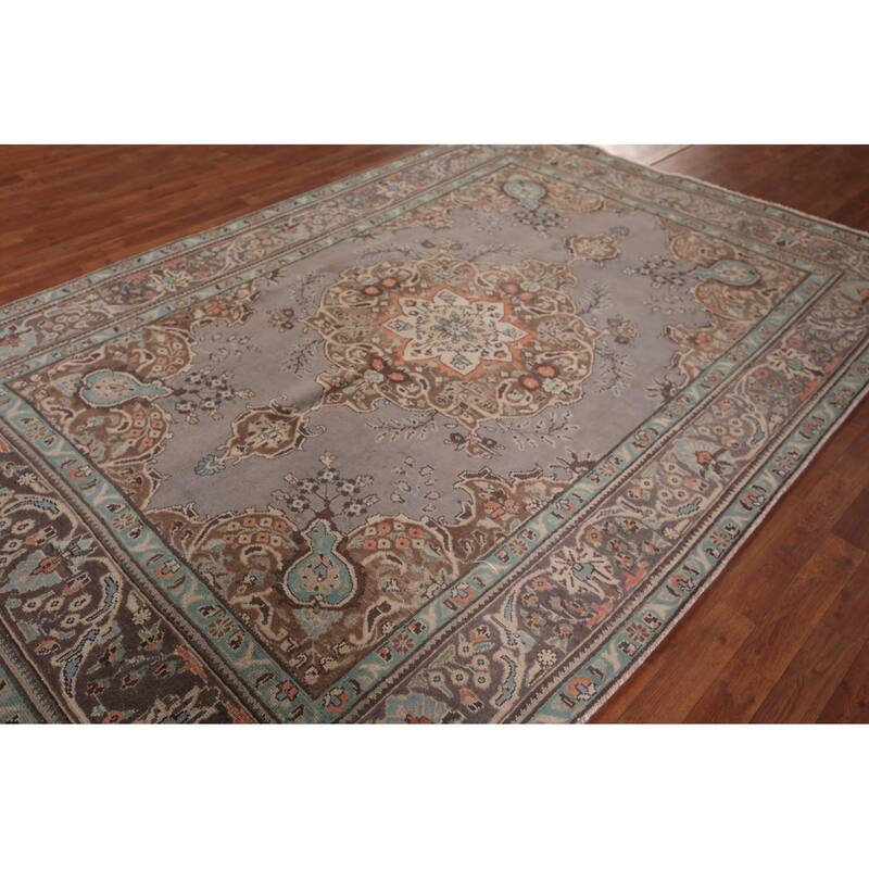 Hand Knotted Oriental 100% Wool Carpet Traditional Medallion Greys & Charcoal Tabriz Area Rug - 9' 8'' X 6' 5''