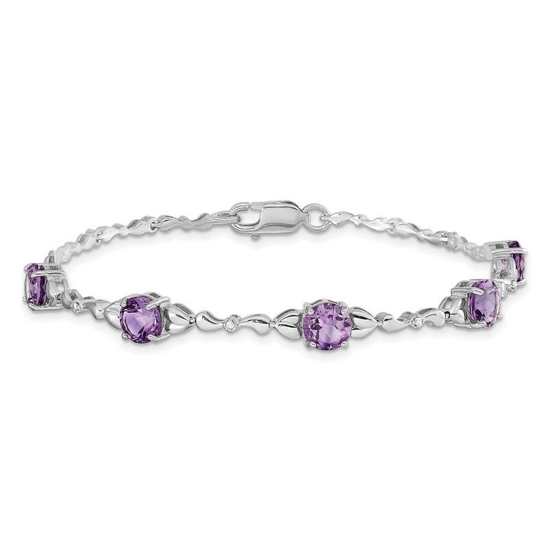 Curata 6mm 925 Sterling Silver Polished Lobster Claw Closure Amethyst and Diamond Tennis Bracelet