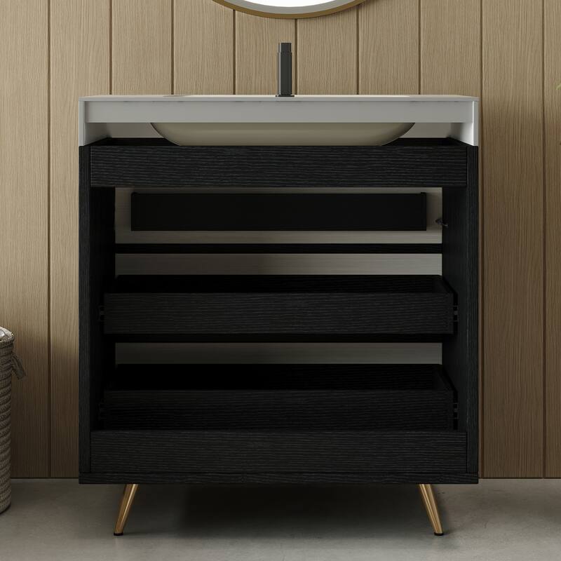 Modern Free-Standing Bathroom Vanity with Ceramic Vessel Sink & Durable Sintered Stone Top