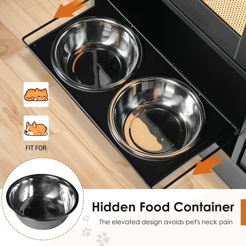 Feeding station with 2 lockers, Pet Feeding Station With 2 elevated Dog Bowls, Side Hooks, Hidden Pet Feeding Station