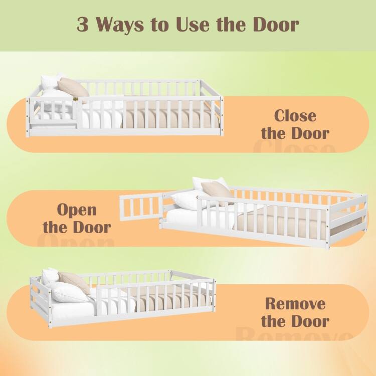 Twin Size Kids Wood Montessori Floor Bed with Door and Fence