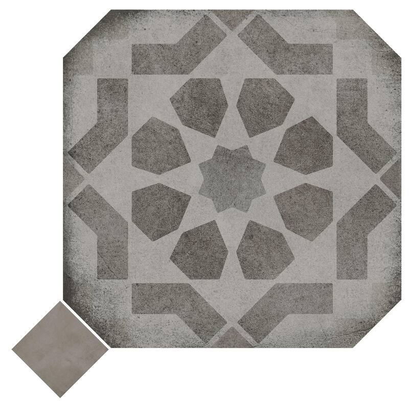 Merola Tile Laverton Octagon Deco Sombra with Grafito 7-7/8" x 7-7/8" Porcelain Floor and Wall Tile