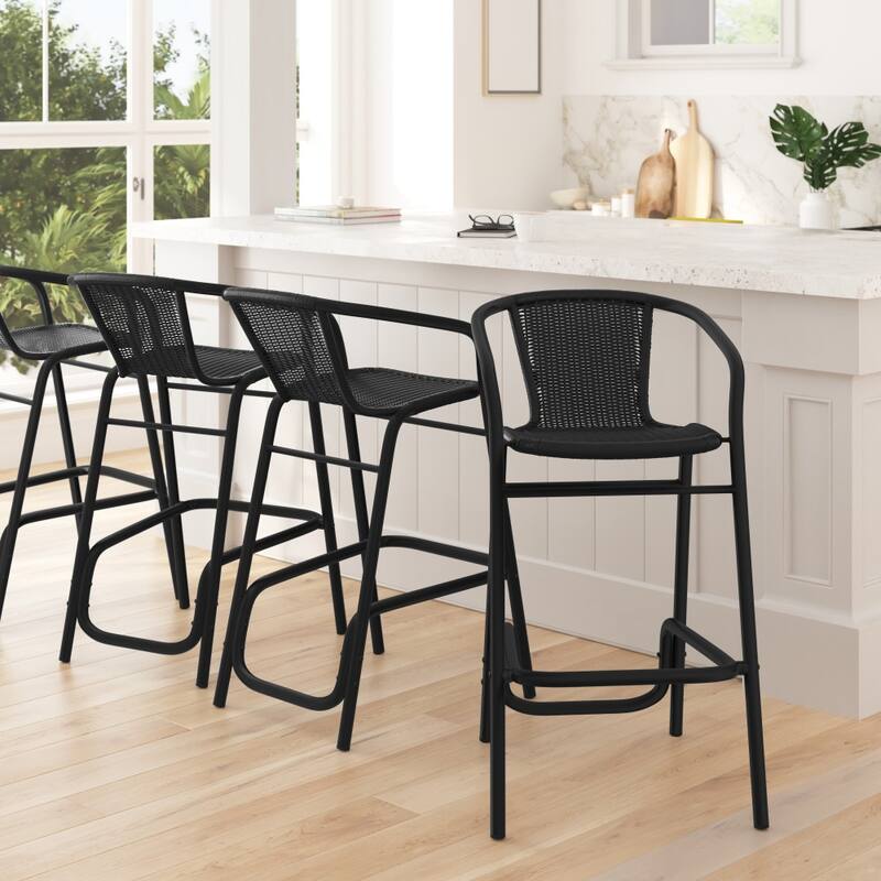 4PK Indoor/Outdoor Rattan Restaurant Barstools - Black