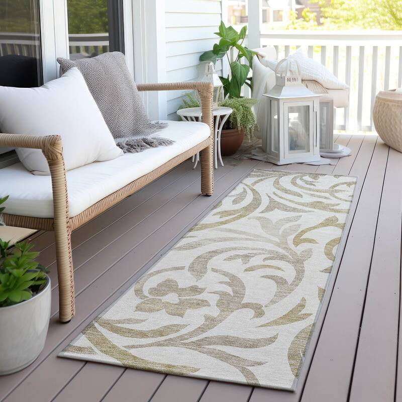 Machine Washable Indoor/ Outdoor Chantille Floral Scroll Rug - Ivory - 2'3" x 7'6"