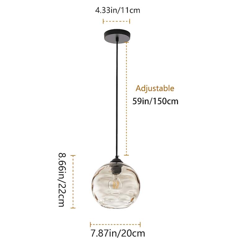 Modern Black 1-Light Clear Water Ripple Glass Shade Hanging Lamp