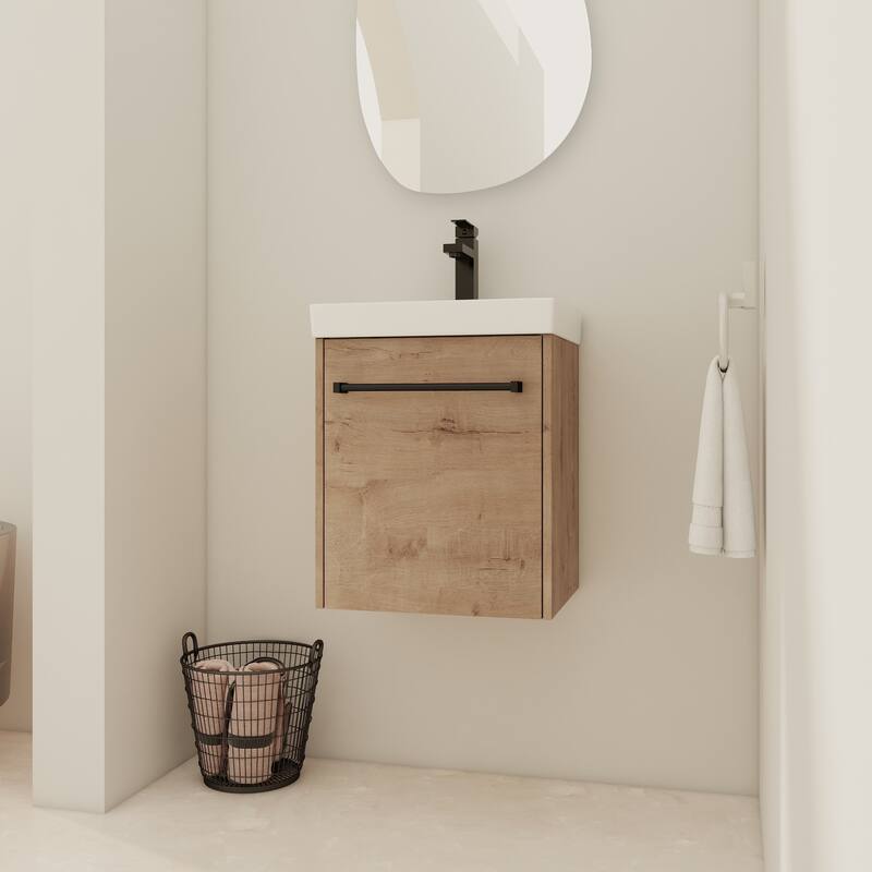 18'' Wall-Mounted Bathroom Vanity with Ceramic Sink, Soft-Close Door, and Storage for Small Spaces - 17.31in L Plywood - 17.31in L Imitative Oak