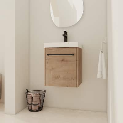GDFStudio - Amelia 18" Floating Bathroom Vanity with Ceramic Sink and Soft-Close Cabinet, Imitative Oak Finish