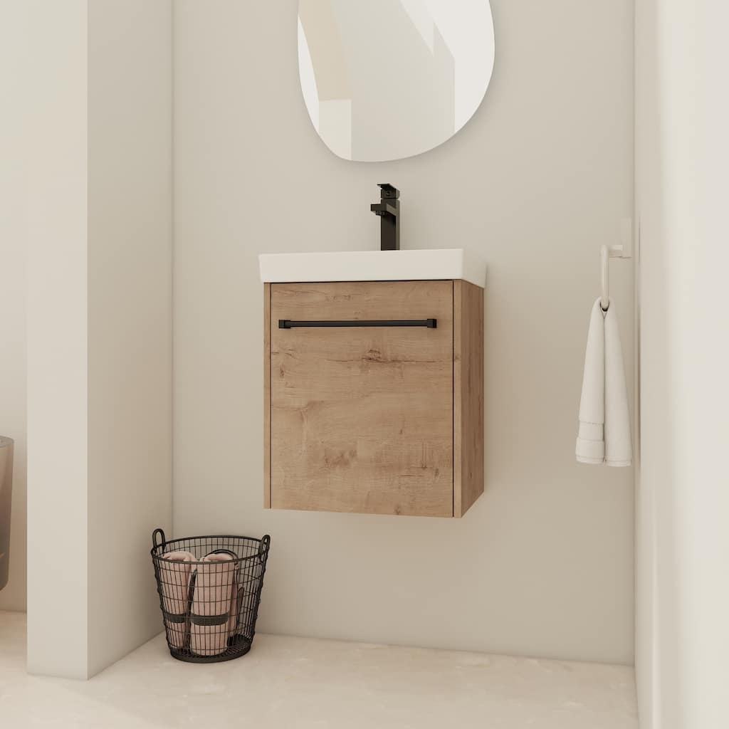GDFStudio - Amelia 18" Floating Bathroom Vanity with Ceramic Sink and Soft-Close Cabinet, Imitative Oak Finish