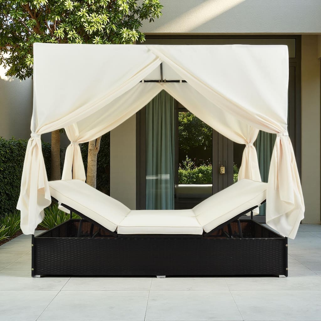 Outdoor Patio Rattan Canopy Daybed Sunbed with Curtain and Adjustable Seat