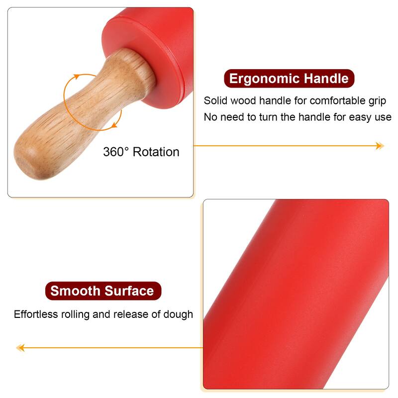 Silicone Rolling Pins for Baking Wood Handle 31cm x 4.2cm Red & Green - Red & Green