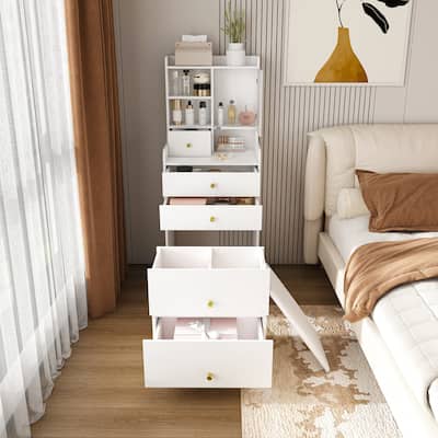 3-in-1 Compact Dressing Table with LED Mirror & Storage Stool - Makeup Vanity with 4 Drawers, Hidden Cabinet & Bookshelf