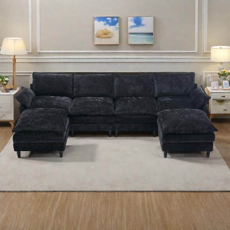 121.5" Chenille U-Shaped 6-Seater Sectional Sofa with 2 Movable Ottomans and 6 Pillows - Black