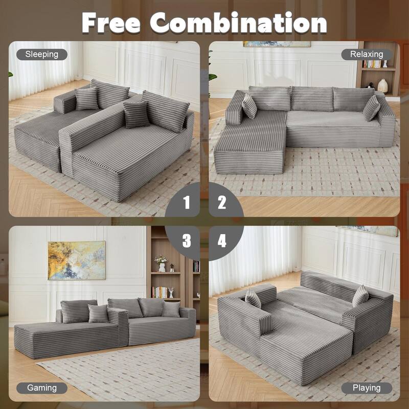 Modular L Shaped Sectional Sofa with Chaise Lounge, Corduroy Upholstered Boneless Sleeper Sofa, Compression Sofa with Deep Seat