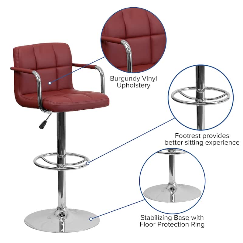 Quilted Vinyl Adjustable Height Barstool with Arms and Chrome Base - 20"W x 18"D x 36.75" - 45.25"H