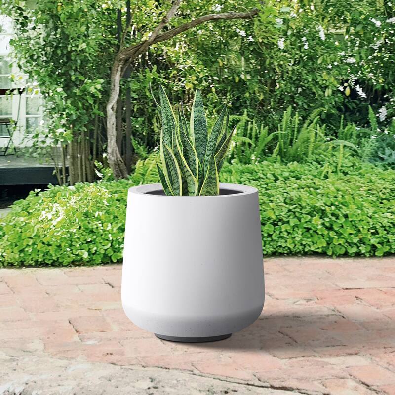 Plantara 13" H Round Solid White Concrete planter, Outdoor Modern Planter pot,Flower pot with Drainage Hole for Garden