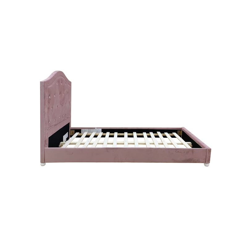 Twin Size Upholstered Platform Bed with Button Tufted Arched Headboard and Wooden Legs, No Box Spring Needed, Pink Fabric Frame