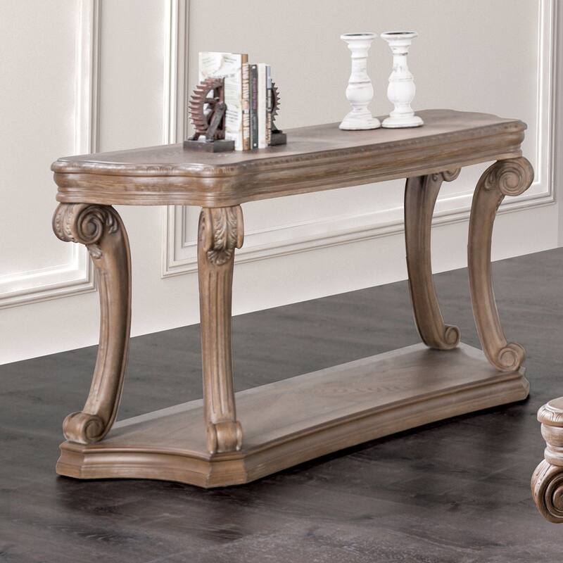 Wooden Sofa Table with Open Bottom Shelf in Weathered Oak