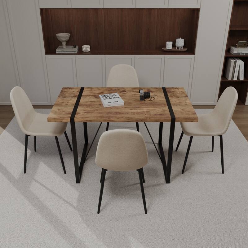 Modern Style 5-Piece Dining Set with Rectangular MDF Dark Wood Table and 4 Round Corner Suede Dining Chairs