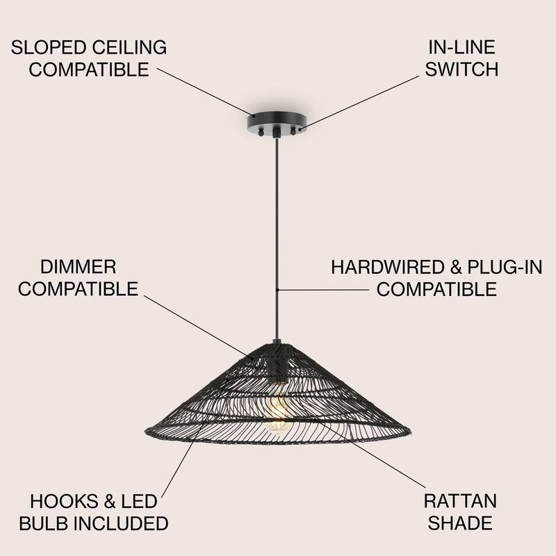 Lucas 1-Light Farmhouse Coastal 180" Cord Plug-In or Hardwired LED Pendant, by JONATHAN Y