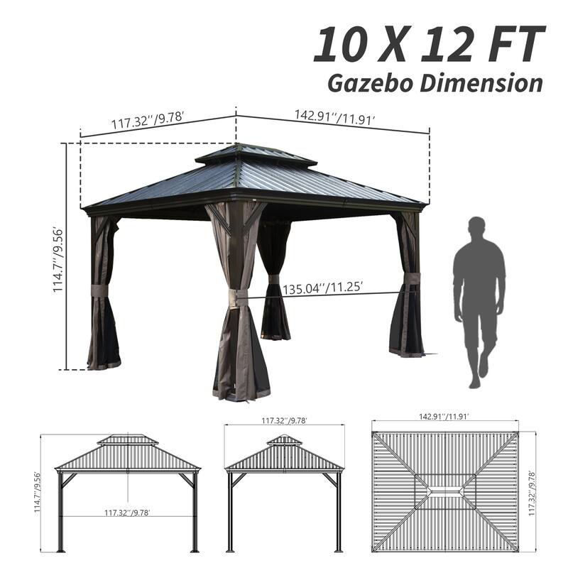 10' x 12' Hardtop Gazebo with Drainage System, Galvanized Steel Roof, Curtains, and Netting for Outdoor Use