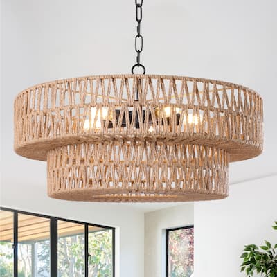 21.65" Rattan Drum Chandelier 2-Tier Boho Hand Woven Pendant Light - Large
