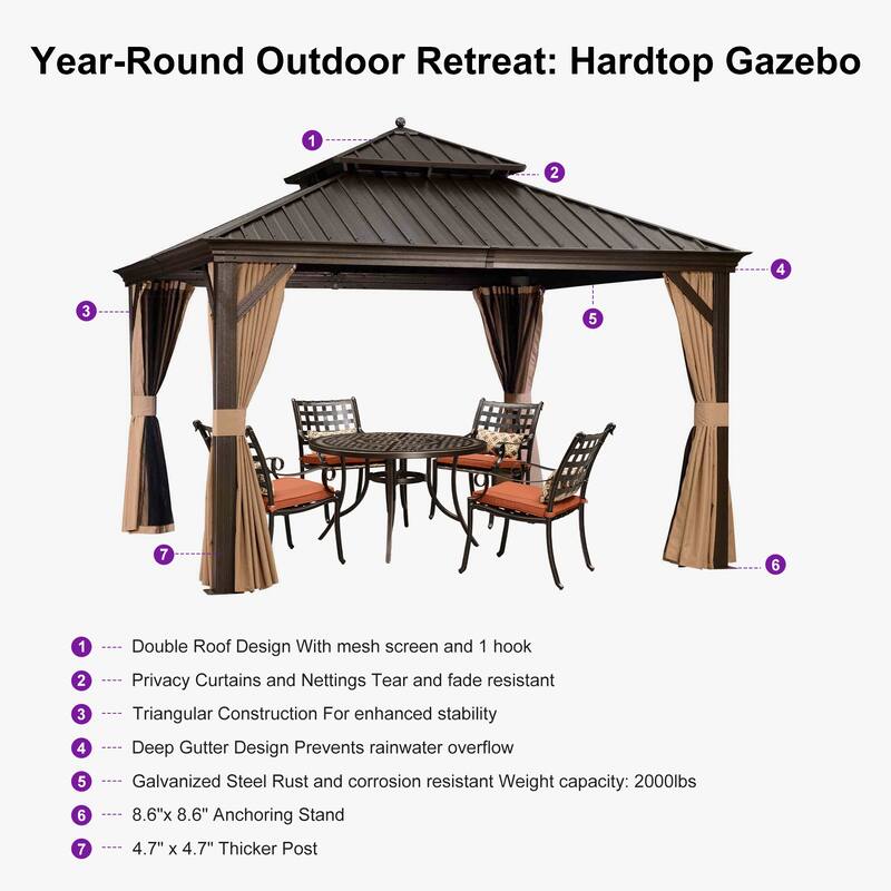 PURPLE LEAF Outdoor Gazebo Aluminum Frame Galvanized Steel Hardtop Gazebo