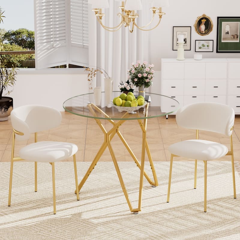 35.4-Inch Round Tempered Glass Dining Table, Suitable For 1-4 People, Space-Saving Small Kitchen Dining Table - Gold