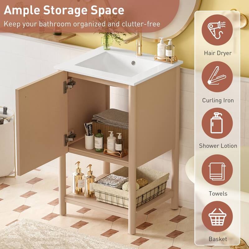 Anmytek 20 Inch Freestanding French Style Bathroom Vanity with Ceramic Sink Single Vanity Set Soft Closing Door