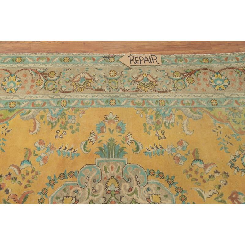Hand Knotted Oriental 100% Wool Carpet Traditional Floral Yellow & Gold Tabriz Area Rug - 9' 6'' X 6' 7''