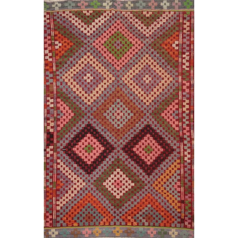 Hand Woven Oriental 100% Wool Carpet Southwestern Tribal Multi-Colored Kilim Area Rug - 9' 4'' X 6' 1''
