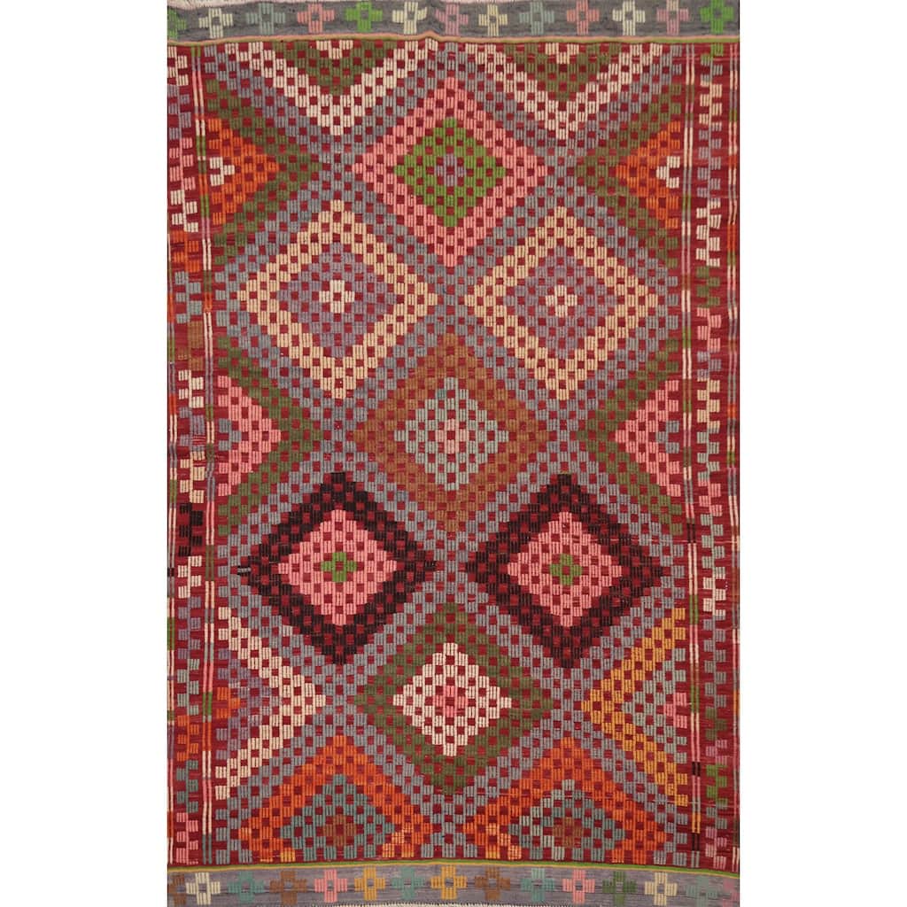 Hand Woven Oriental 100% Wool Carpet Southwestern Tribal Multi-Colored Kilim Area Rug - 9' 4'' X 6' 1''