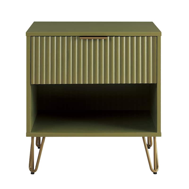 20" Fluted Nightstand with 1 Drawer and Metal Legs Modern Design - Olive Green
