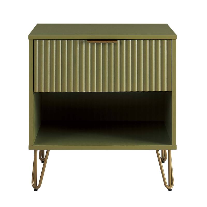 20inch Fluted Nightstand in Olive Green with Gold Handles and Splayed Legs - Olive Green